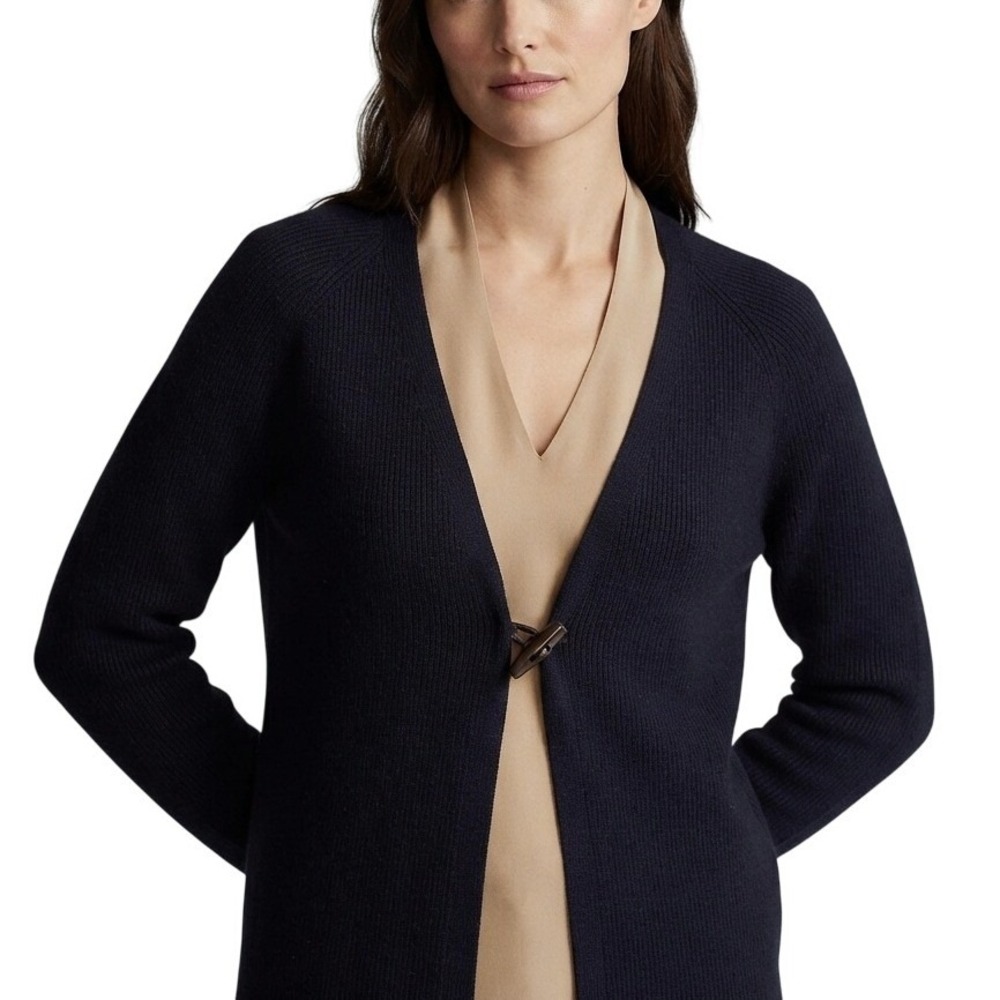 Lauren Ralph Lauren 100% Linen Cardigan Women Large Black Toggle Closure